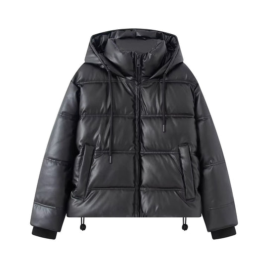 Damen Kurz gesteppte Kunstleder-Pufferjacke mit Kapuze, Tunnelzug und seitlichen Eingrifftaschen Shop Nory