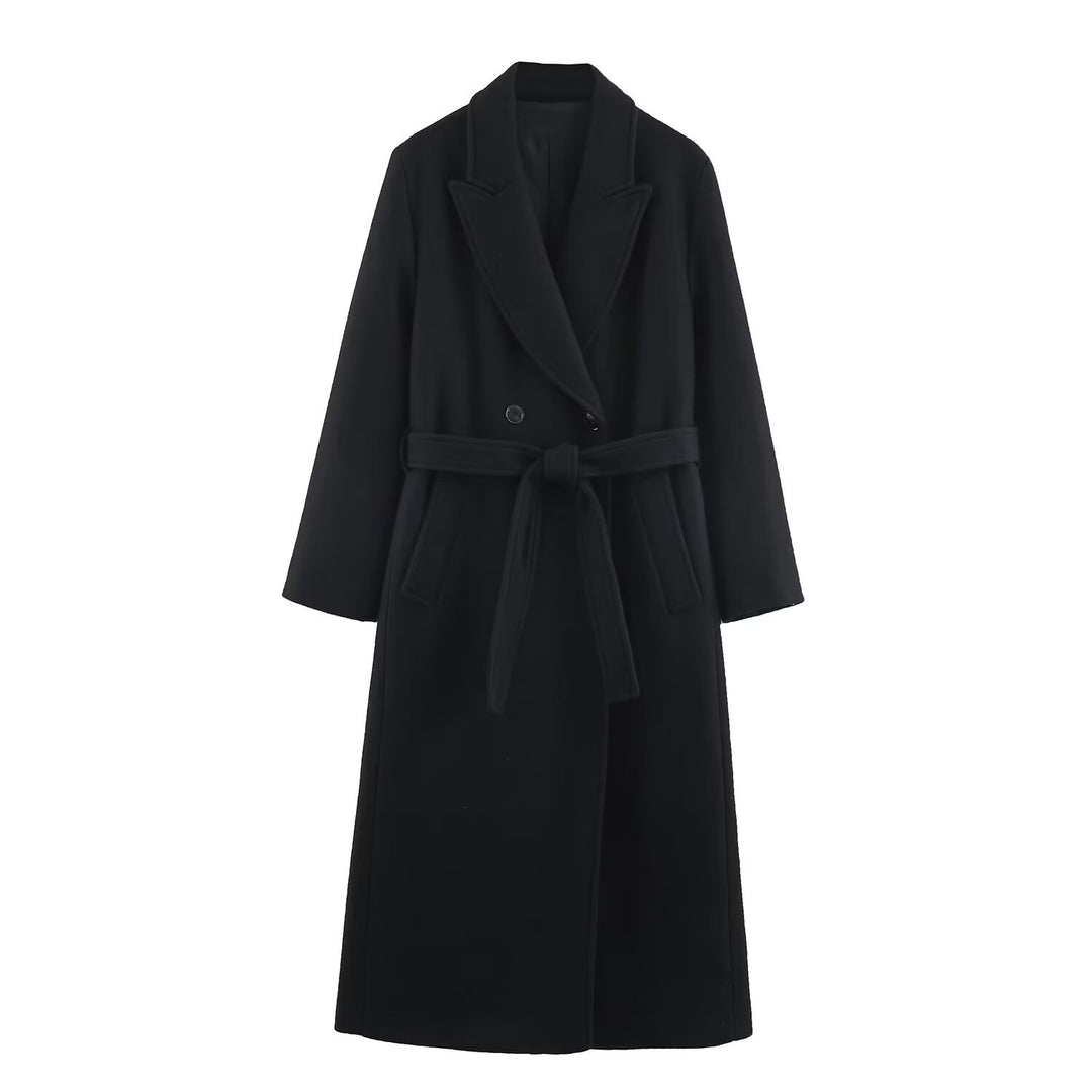 Damen Langer Taillierter Wollmix-Mantel mit Bindegürtel und Reverskragen Shop Nory