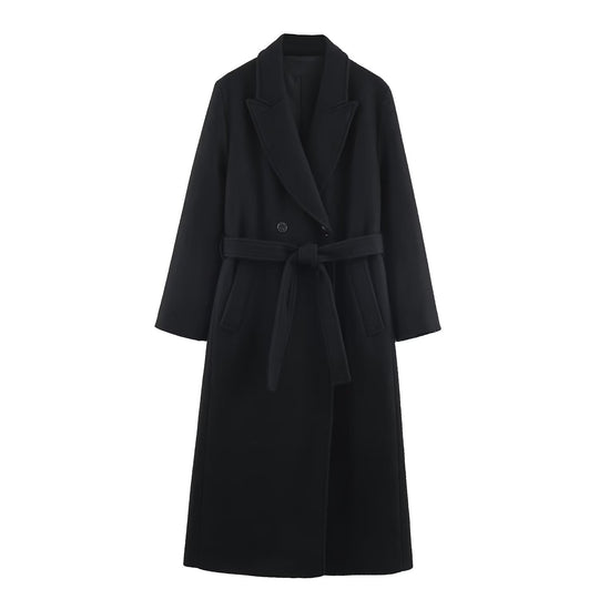 Damen Langer Taillierter Wollmix-Mantel mit Bindegürtel und Reverskragen Shop Nory