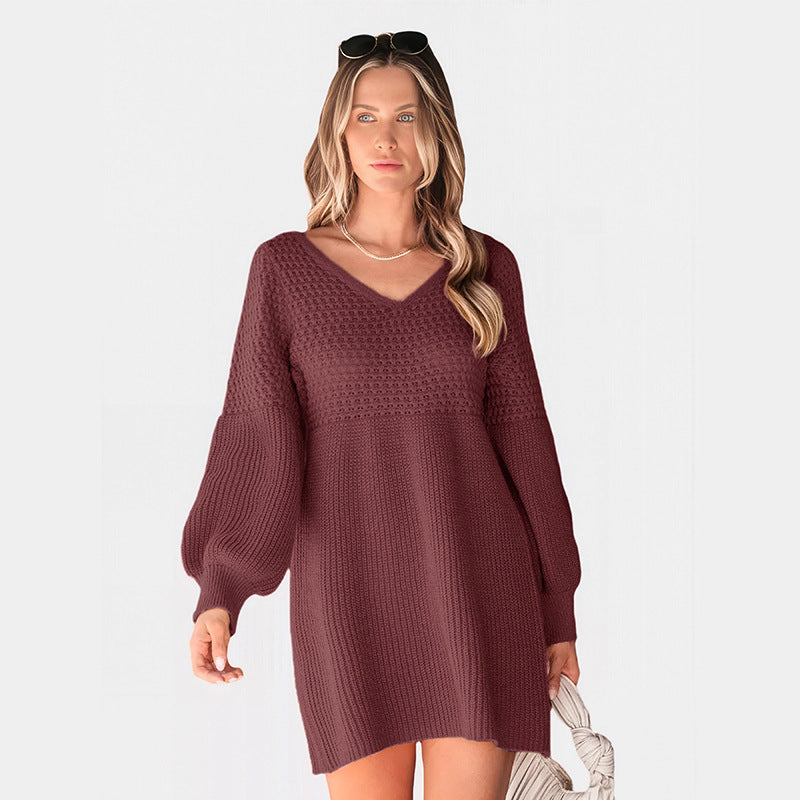 Damen Strickkleid mit V-Ausschnitt und Ballonärmeln Shop Nory