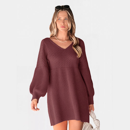 Damen Strickkleid mit V-Ausschnitt und Ballonärmeln Shop Nory
