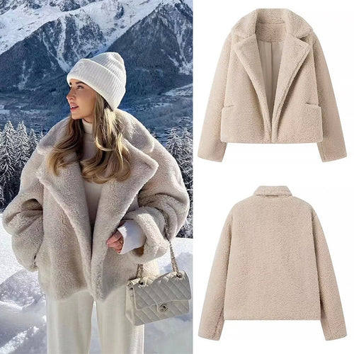 Damen Kurz geschnittene Teddyjacke im Lammfell‑Look mit Oversize‑Reverskragen Shop Nory