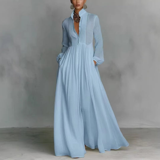 Damen Maxikleid mit Stehkragen, Knopfleiste und seitlichen Taschen Shop Nory