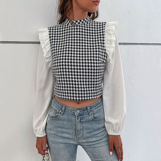 Damen Hahnentritt-Cropped-Top mit Rüschen‑Schultern und langen Chiffonärmeln Shop Nory