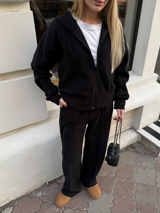 Damen Fleece-Lounge-Set mit kurzem Reißverschluss-Hoodie und taillenhoher Kordel-Jogginghose Shop Nory