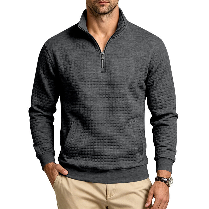 Herren Strukturiertes Stehkragen-Halbzip-Sweatshirt mit Karomuster und Kängurutasche Shop Nory