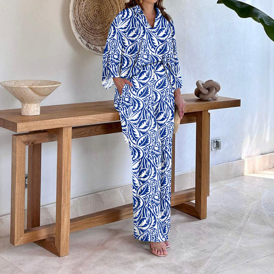 Damen Gemustertes Kimono-Lounge-Set mit weitem Palazzohose aus leichtem Viskose-Mix Shop Nory