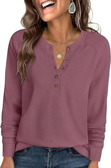Damen Waffelstrick-Henley-Longsleeve mit Knopfleiste, Raglanärmeln und gerippten Bündchen Shop Nory