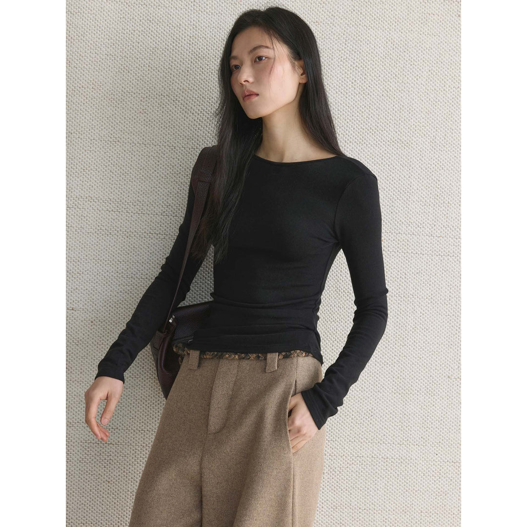 Damen Figurbetontes Langarm-Top mit tiefem Rückenausschnitt und Stretchjersey Shop Nory