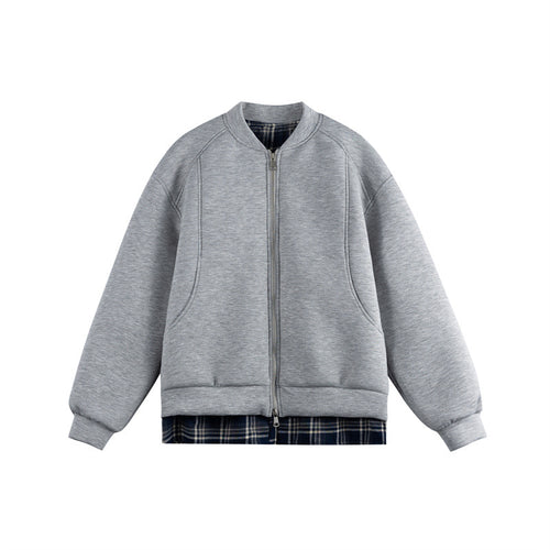 Damen Zwei‑in‑Eins Bomber‑Sweatjacke mit Karo‑Layer‑Einsatz und Stehkragen Shop Nory