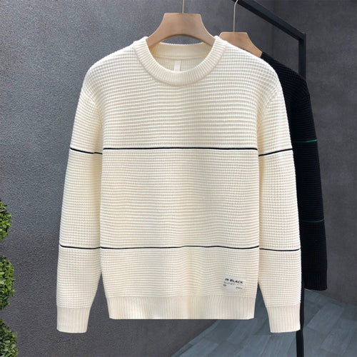 Unisex Strukturierter Waffelstrick-Pullover mit feinen Kontraststreifen Shop Nory