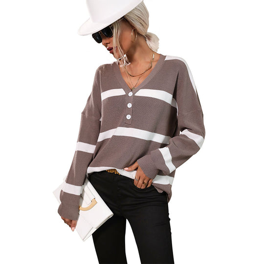 Damen Oversize V-Ausschnitt Strickpullover mit Knopfleiste und Blockstreifen Shop Nory