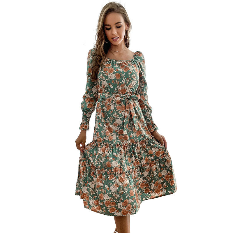 Damen Midikleid mit quadratischem Ausschnitt, Stufenrock, Puffärmmel und Taillengürtel Shop Nory