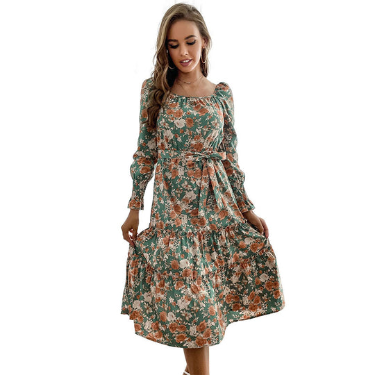 Damen Midikleid mit quadratischem Ausschnitt, Stufenrock, Puffärmmel und Taillengürtel Shop Nory