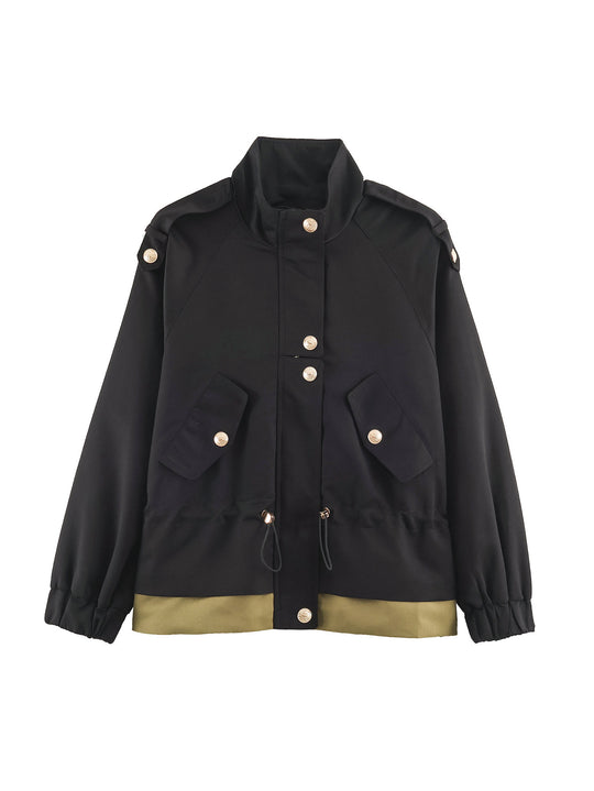 Damen leichte Utility-Jacke mit Tunnelzug-Taillenraffung, Stehkragen und Pattentaschen Shop Nory