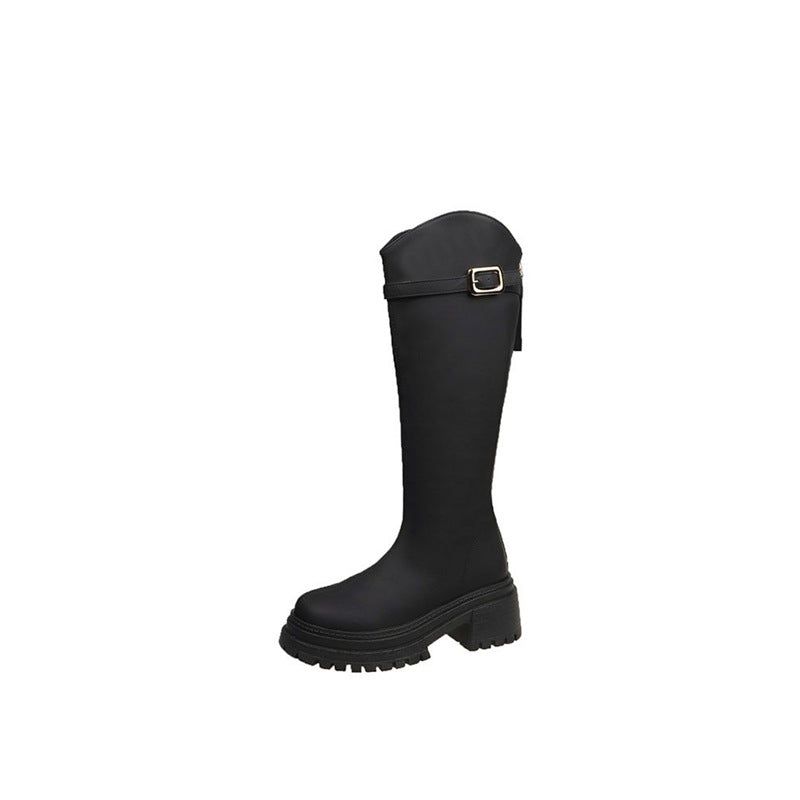 Damen Kniehohe Plateaustiefel mit grober Profilsohle und Ziergürtel Shop Nory
