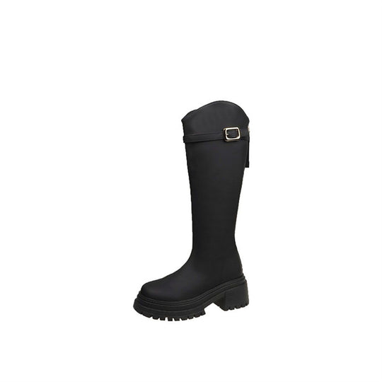 Damen Kniehohe Plateaustiefel mit grober Profilsohle und Ziergürtel Shop Nory