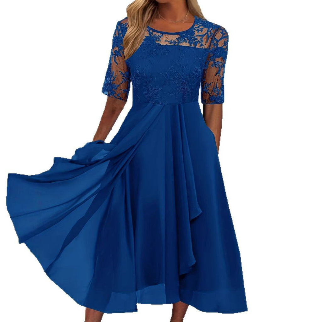 Damen Elegantes Midikleid mit Spitzenärmeln und schwingendem Rock