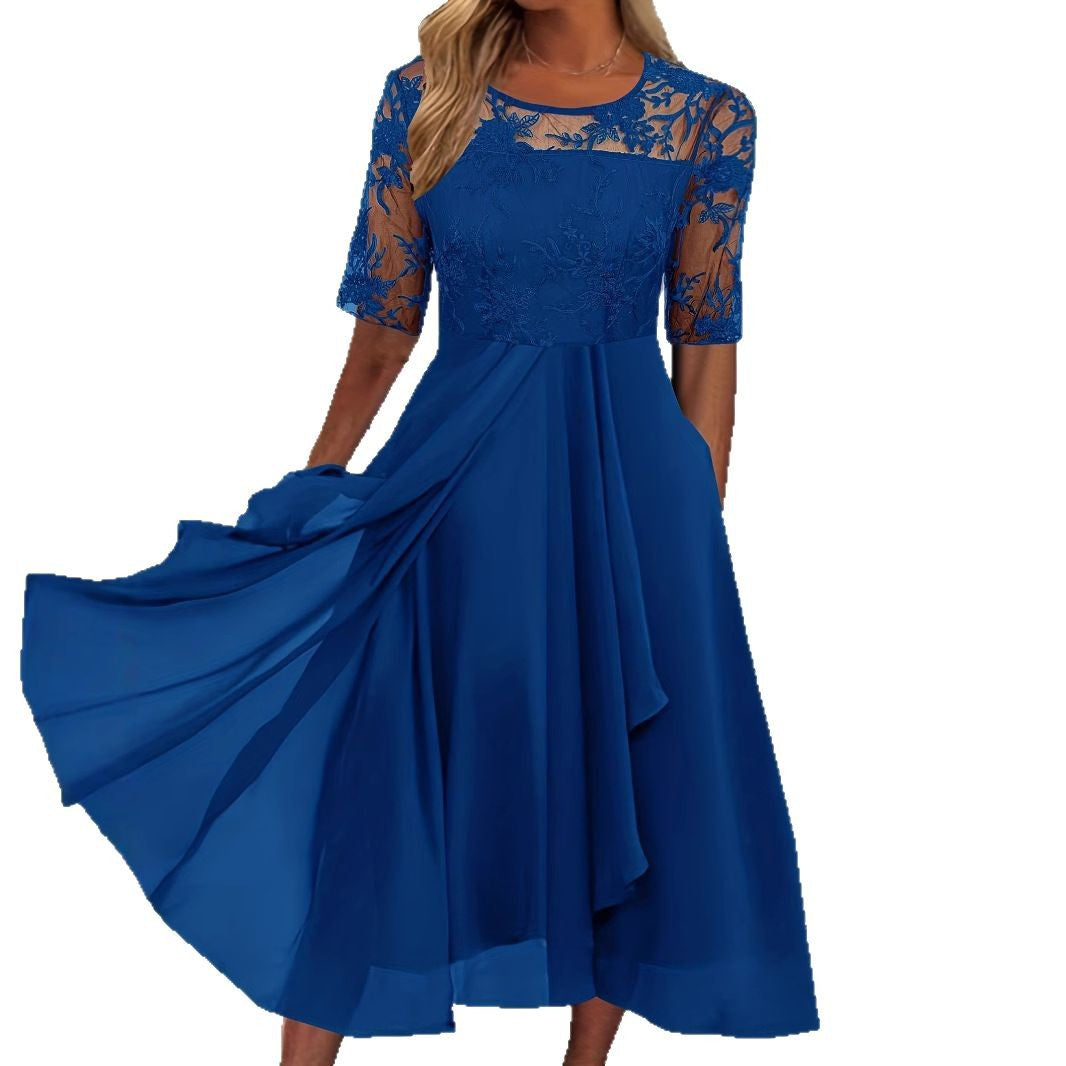 Damen Elegantes Midikleid mit Spitzenärmeln und schwingendem Rock