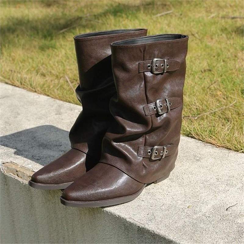 Damen Mid-Calf Stiefel mit spitzer Zehenpartie, dreifachen Zierschnallen und leichtem Blockabsatz Shop Nory
