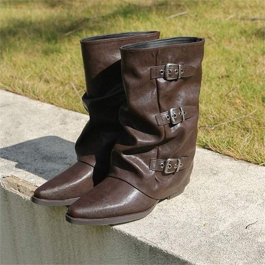 Damen Mid-Calf Stiefel mit spitzer Zehenpartie, dreifachen Zierschnallen und leichtem Blockabsatz Shop Nory