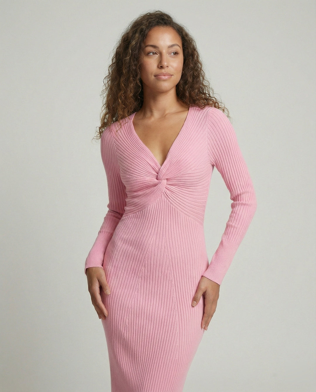 Damen figurbetontes langärmliges Strickkleid mit Knoten-Detail