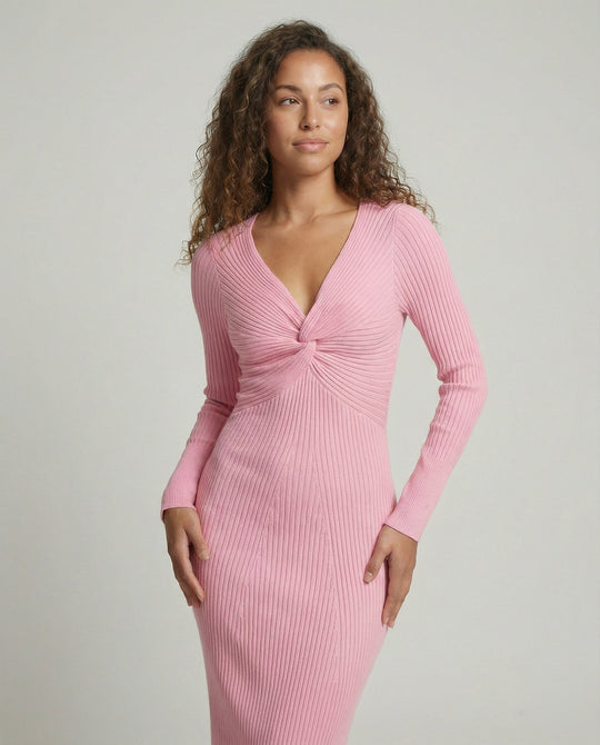 Damen figurbetontes langärmliges Strickkleid mit Knoten-Detail