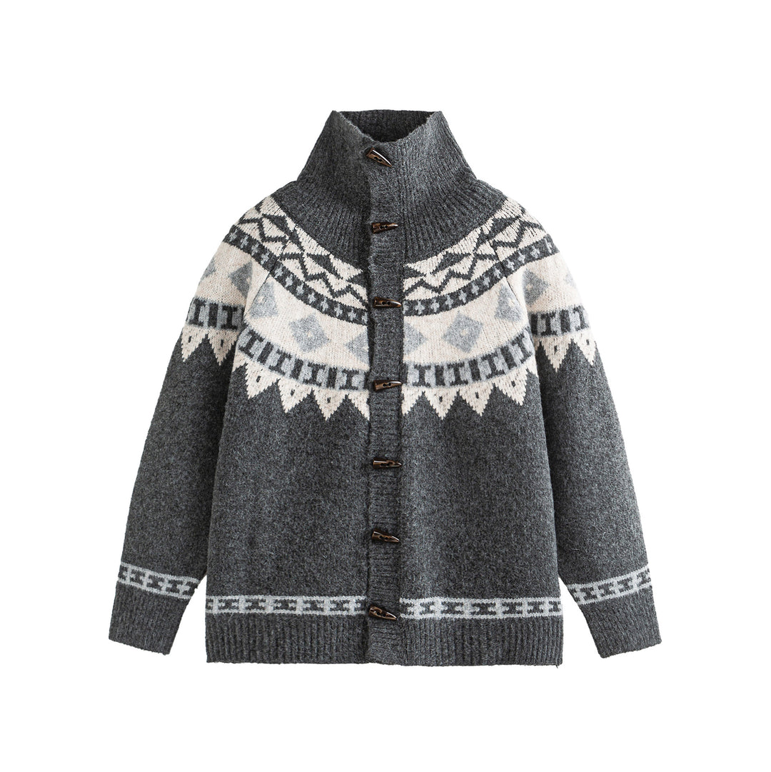 Damen Norwegermuster Strickcardigan mit hohem Stehkragen und Knebelverschlüssen Shop Nory