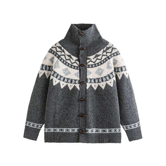 Damen Norwegermuster Strickcardigan mit hohem Stehkragen und Knebelverschlüssen Shop Nory