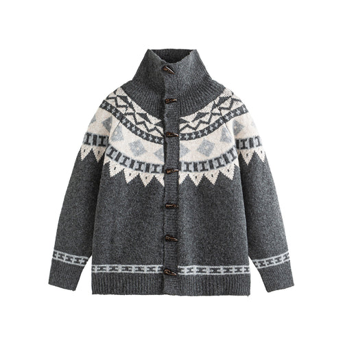 Damen Norwegermuster Strickcardigan mit hohem Stehkragen und Knebelverschlüssen Shop Nory