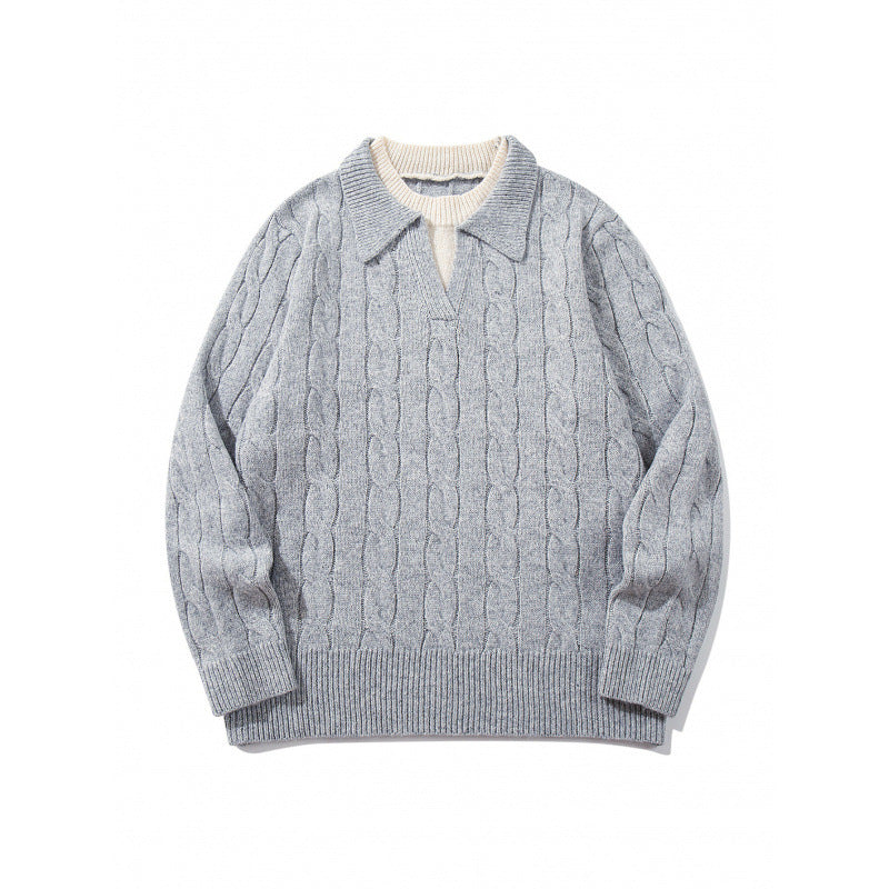 Herren Grobgestrickter Zopfmuster-Pullover mit Polokragen und V‑Ausschnitt Shop Nory