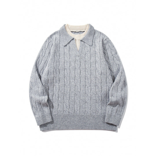 Herren Grobgestrickter Zopfmuster-Pullover mit Polokragen und V‑Ausschnitt Shop Nory