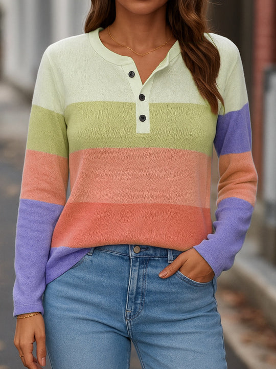 Damen Gestreifter Feinstrickpullover mit Henley-Knopfleiste Shop Nory