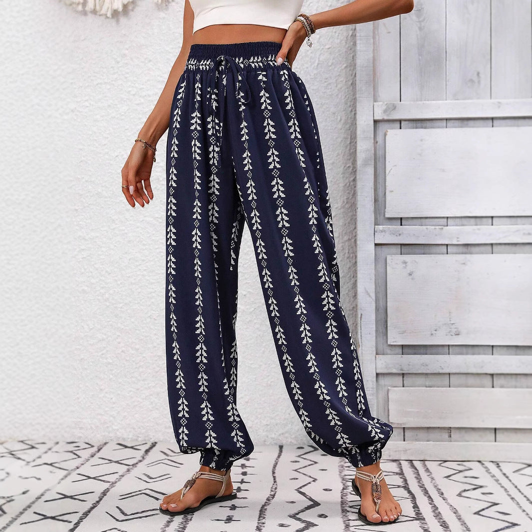 Damen Locker geschnittene Leinenoptik-Hose mit Smokbund, Kordelzug und Ethno-Print Shop Nory