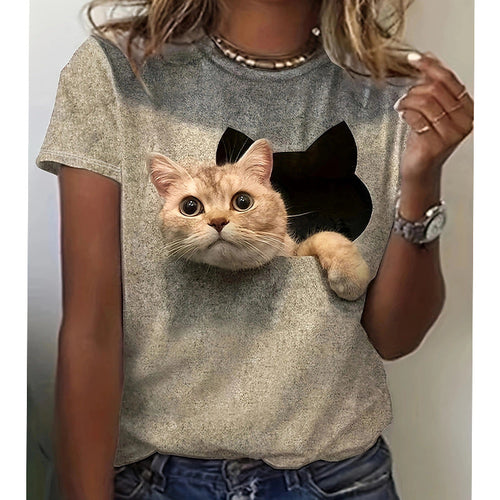 Damen T-Shirt mit 3D-Katzenmotiv und kreativem Rissdesign