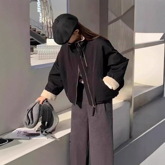 Damen Kurze Oversize Bomberjacke mit Teddyfutter an Bündchen und Stehkragen Shop Nory