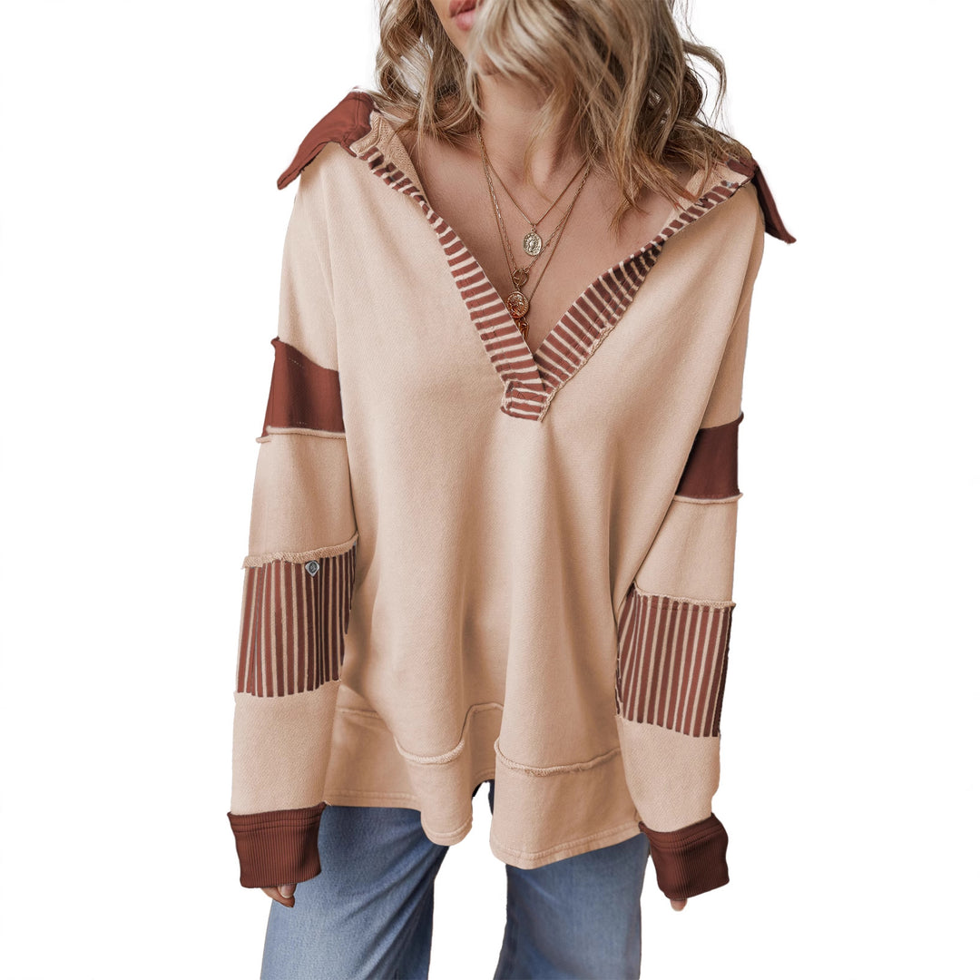 Damen Oversize Sweatshirt mit V-Ausschnitt, gestreiften Ärmelaufsätzen und Kontrastdetails Shop Nory