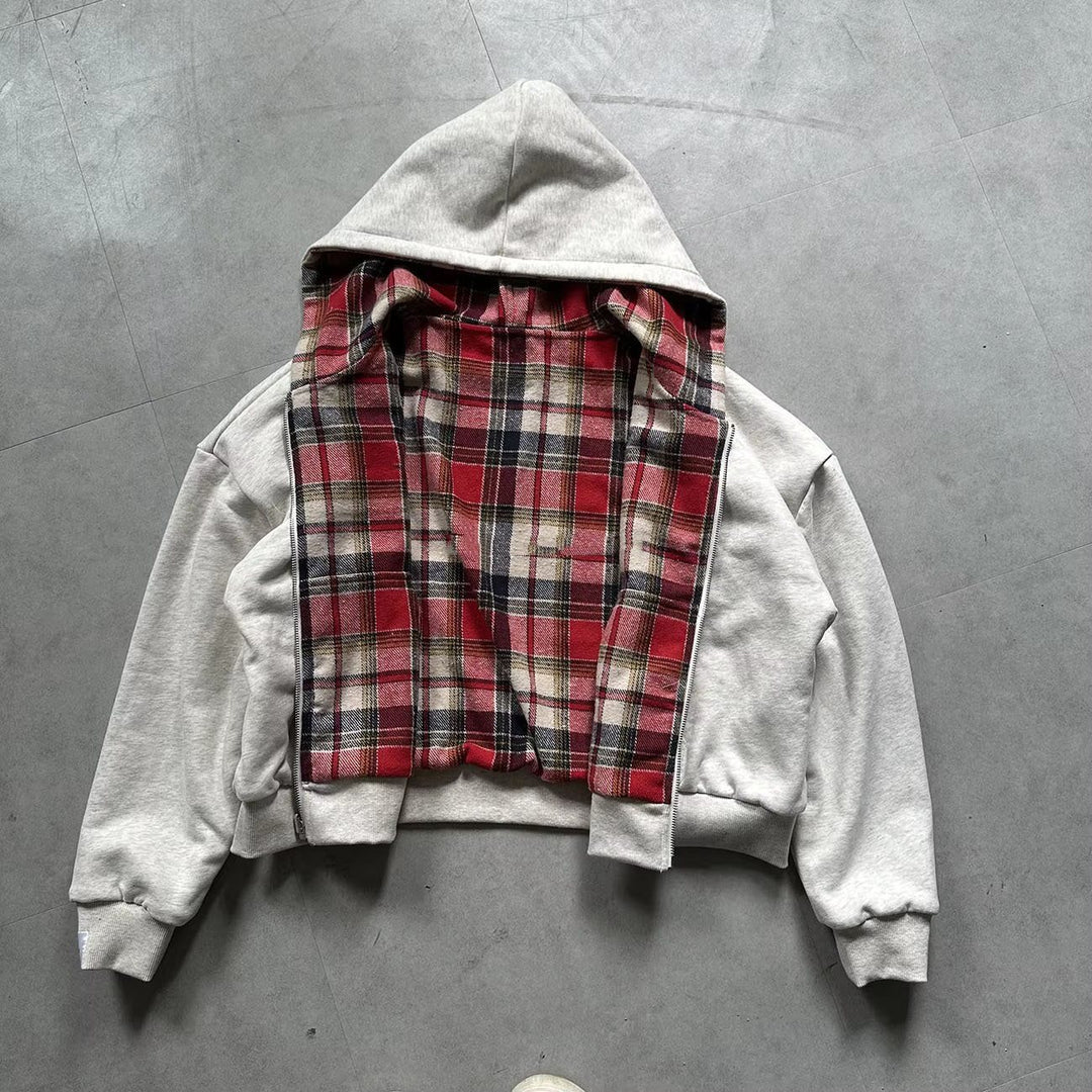 Damen Oversized Kapuzenjacke mit kariertem Innenfutter und durchgehendem Reißverschluss Shop Nory