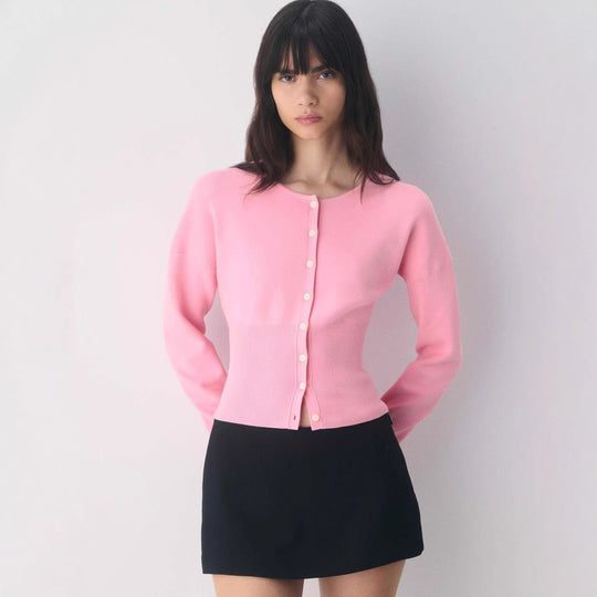 Damen Cropped Strickjacke mit Knopfleiste und Rippstrick