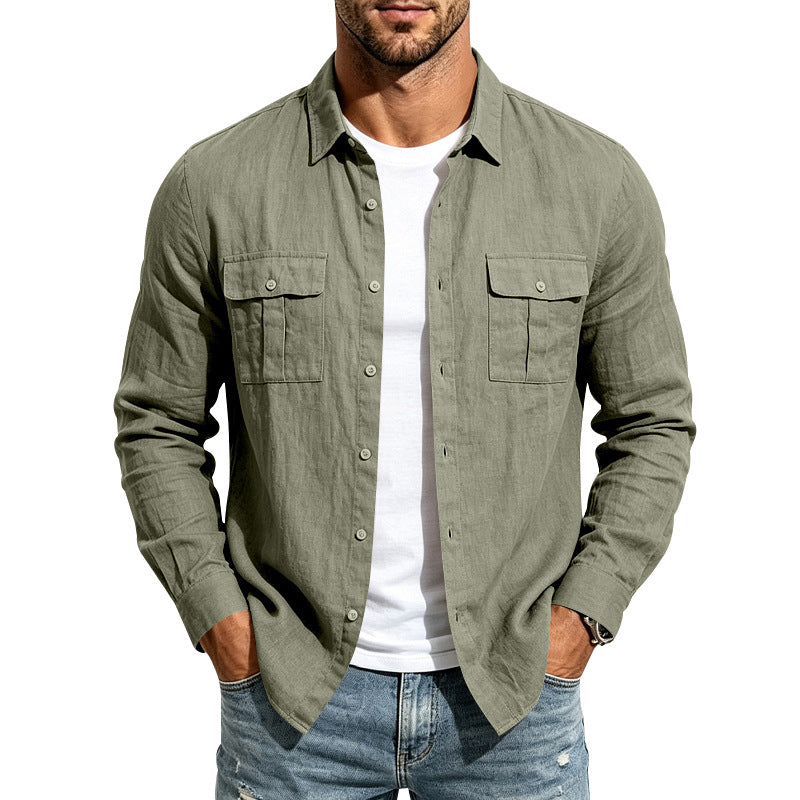 Herren lässiges Langarm-Leinenhemd mit Brusttaschen Shop Nory