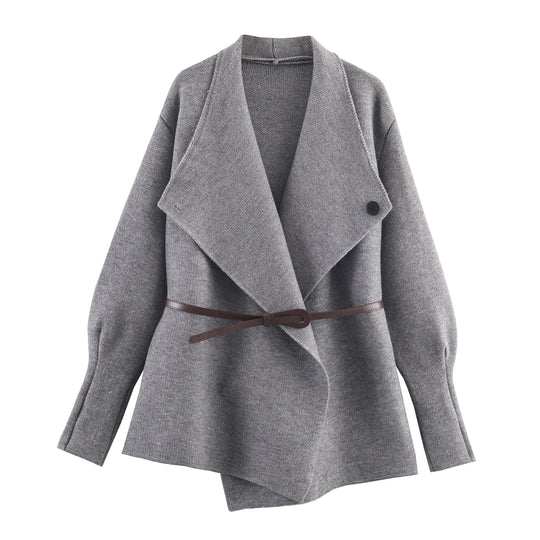 Damen Kurzgeschnittener Wollmix-Cardigan-Mantel mit weitem Schalkragen und schmalem Bindegürtel Shop Nory
