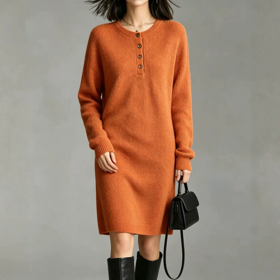 Damen Midilanges Strickkleid mit Henley-Leiste und gerippten Bündchen Shop Nory