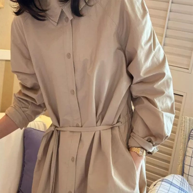 Damen Langärmeliges Hemdblusen-Maxikleid mit Taillengürtel und Eingrifftaschen Shop Nory