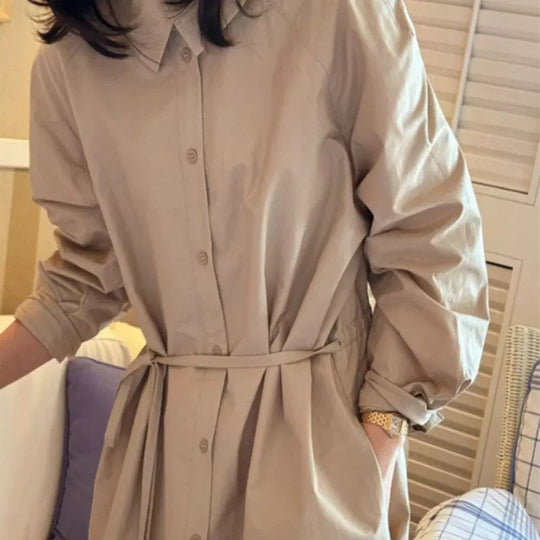 Damen Langärmeliges Hemdblusen-Maxikleid mit Taillengürtel und Eingrifftaschen Shop Nory