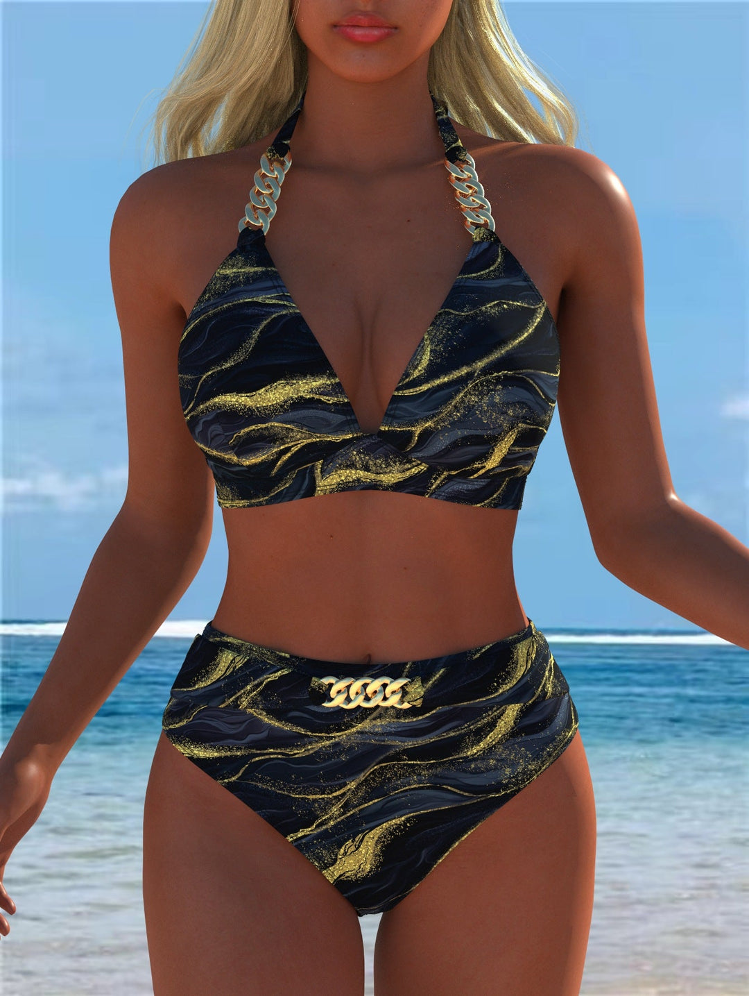 Damen Bikini mit luxuriösem Marmormuster und edlen Details