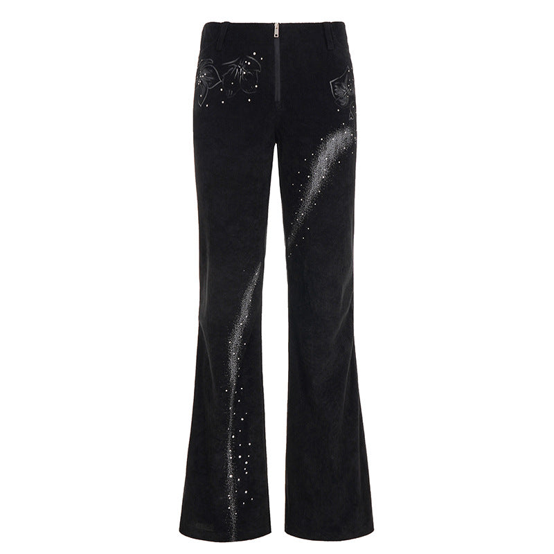 Damen nan ausgestellte Cordhose mit Glitzerstreifen und Blumenstickerei, hoher Bund Shop Nory