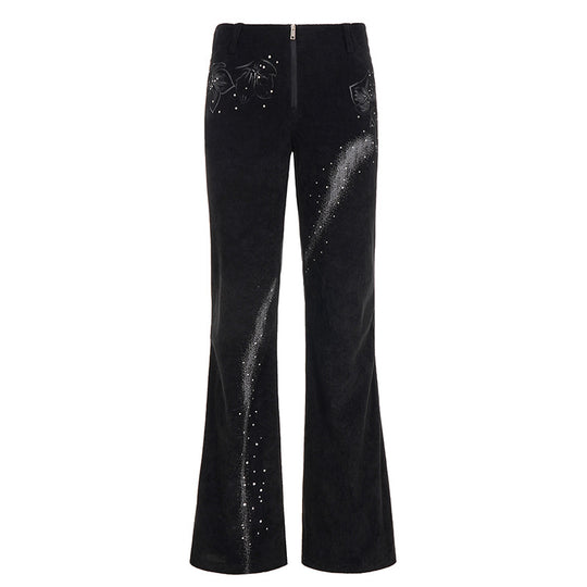 Damen nan ausgestellte Cordhose mit Glitzerstreifen und Blumenstickerei, hoher Bund Shop Nory