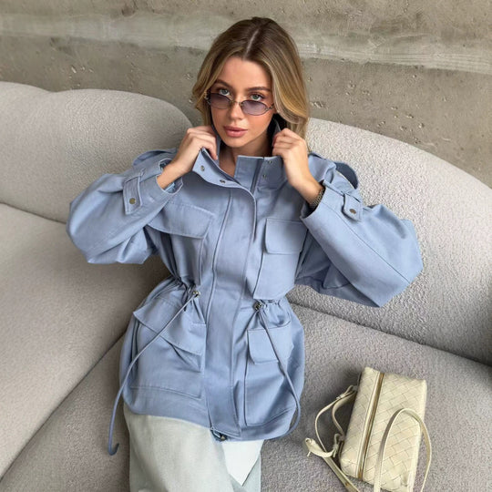 Damen Utility-Parka mit Tunnelzugtaillierung, Pattentaschen und Stehkragen Shop Nory
