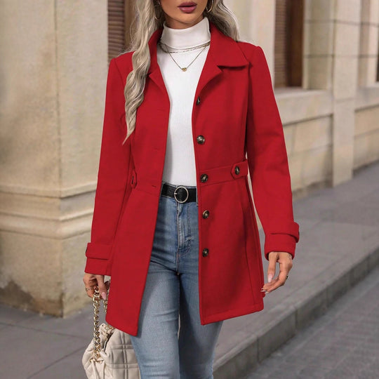 Damen Taillierter Kurzmantel mit Knopfleiste und Ziergürtel Shop Nory