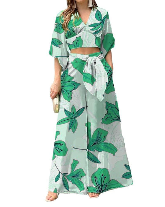 Damen Zwei-Teiler Sommer Set mit Wickel-Crop-Top und Hochtaillierten Palazzo-Hosen EB